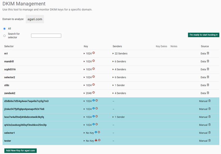 An example DKIM Management page. An example DKIM Management page.
