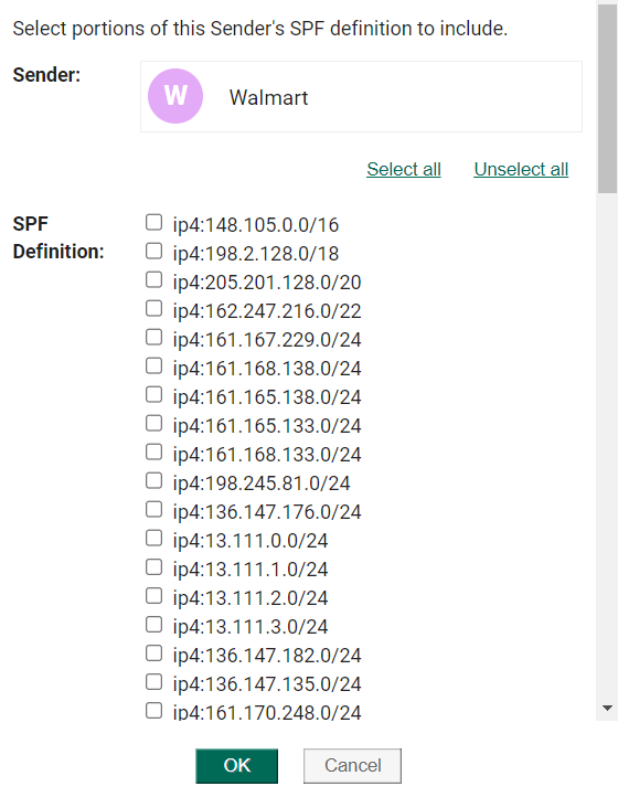 Selecting a subset of a Well-known Sender definition.