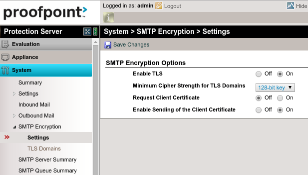 The SMTP Encryption Settings page. The SMTP Encryption Settings page.