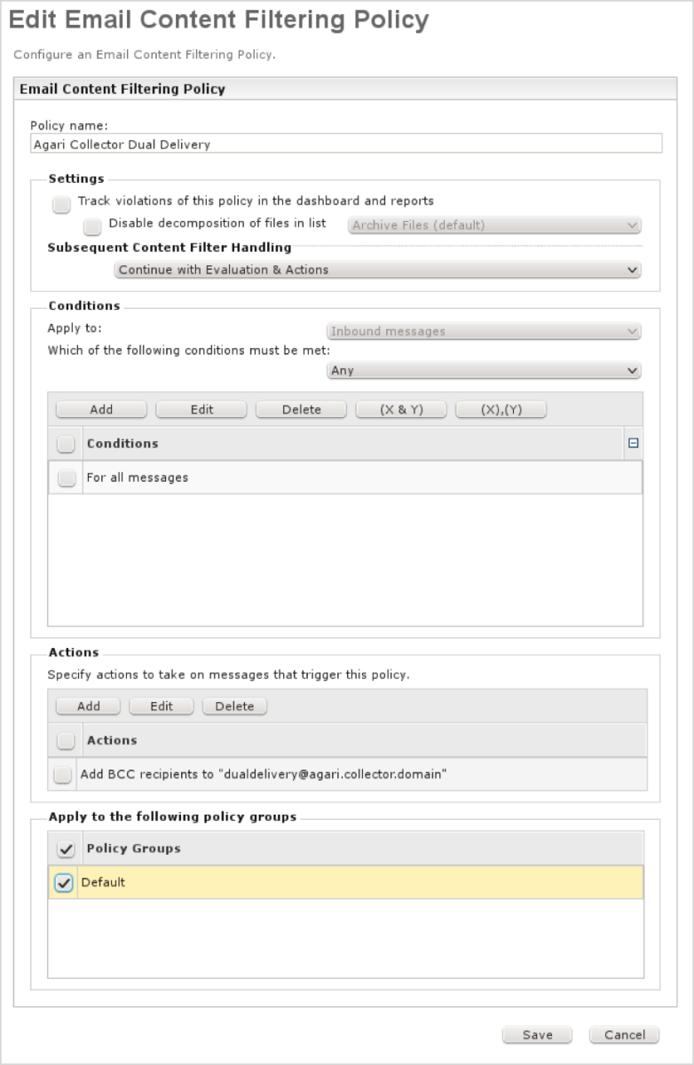 Sample Email content filtering policy page. Sample Email content filtering policy page.