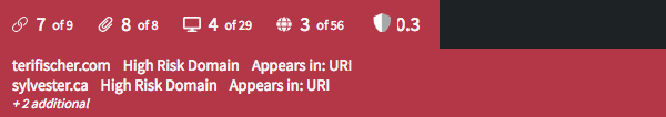 If you hover over the domains icon when it has a red background, a pop-up appears listing the basic details of the first two malicious domains found in the investigation. If you hover over the domains icon when it has a red background, a pop-up appears listing the basic details of the first two malicious domains found in the investigation.