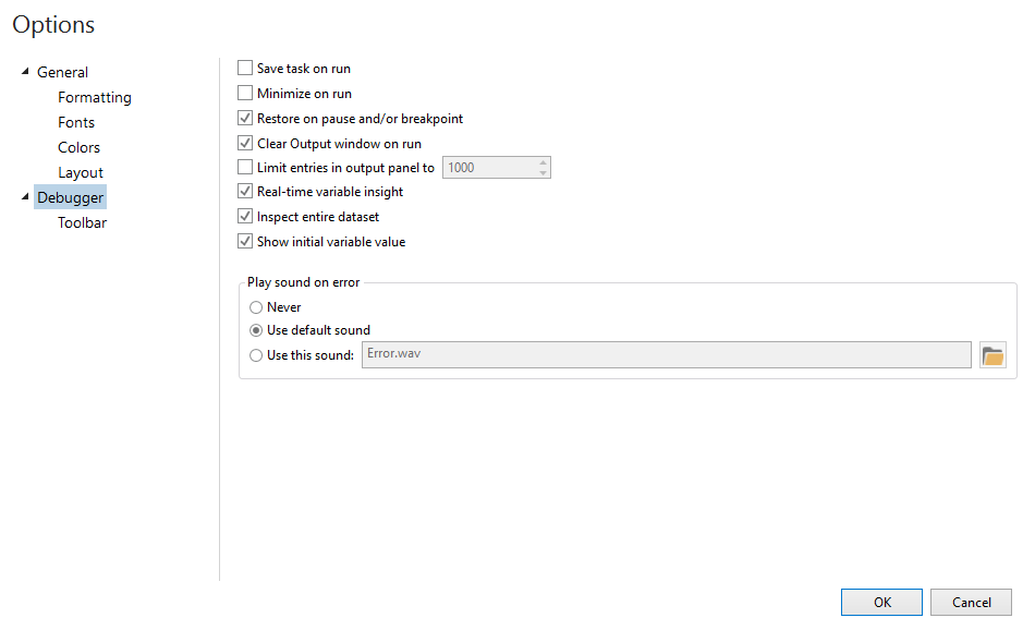 Task builder options debugger