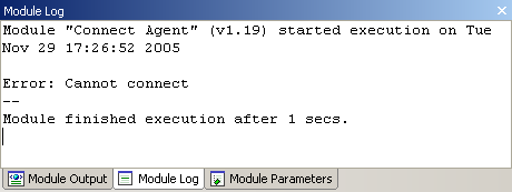 Agent Connect Module - Module Log Panel Displaying Error Text