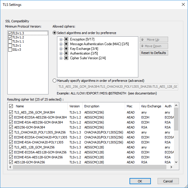 TLS Settings dialog box