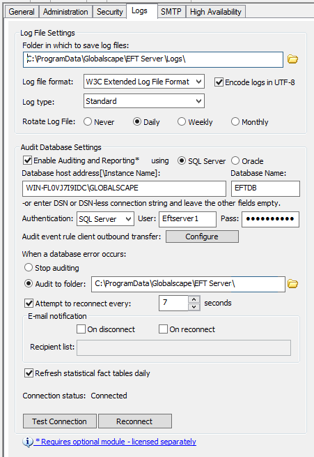 Audit Database Settings