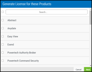 The Generate License for these Products screen, with Robot and Powertech products.