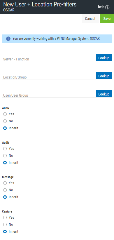 New/Edit User + Location Pre-Filter screen