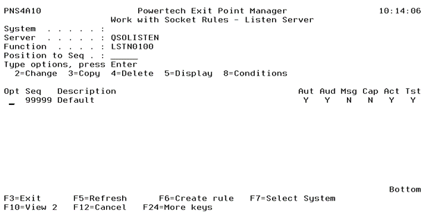 Work with Socket Rules screen - Listen Server
